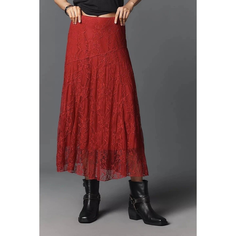 By Anthropologie Asymmetrical Drop-Waist Lace Midi Skirt Floral Resort S 291327
